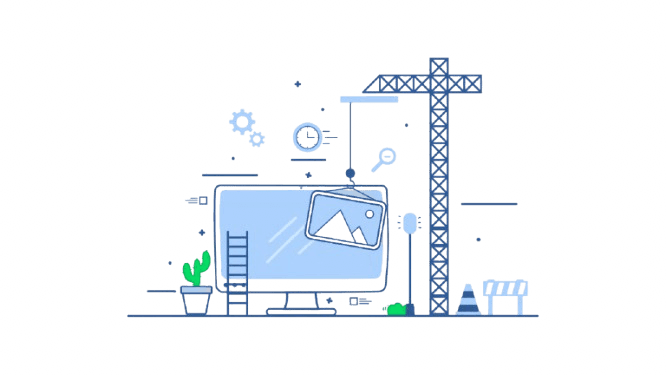 Construction illustration — a computer screen with a crane and building equipment, representing site maintenance